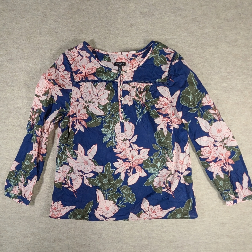 Talbots 100% Cotton Floral Button Flowy Long Sleeve Blouse Petite Medium